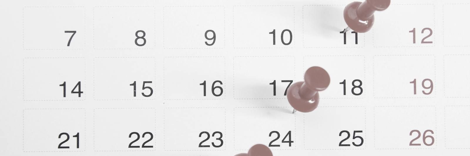 Calendar with red pins attached